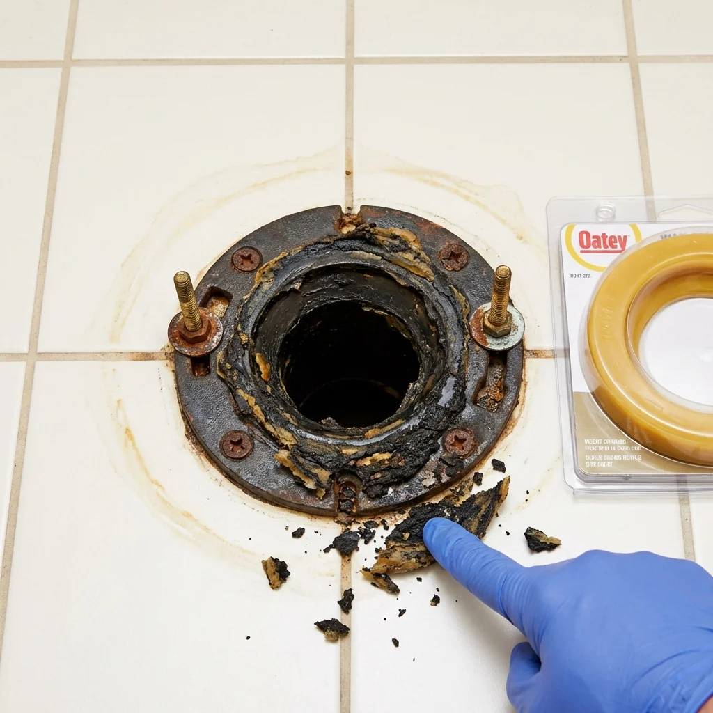 Failed wax ring showing water seepage at the base of a toilet in a New Haven, MO home